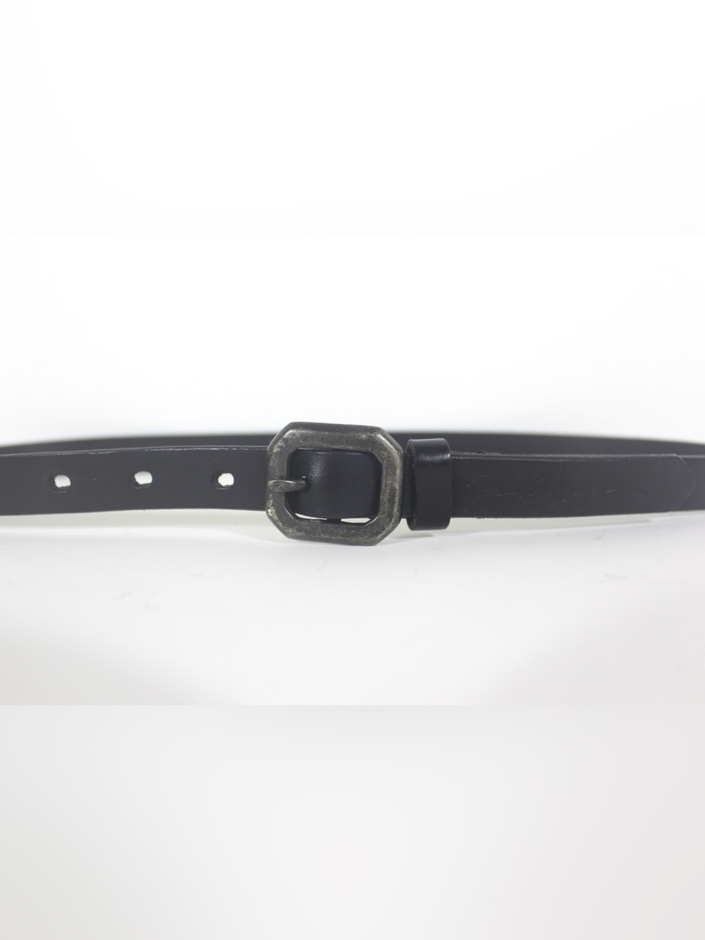 Narrow Skinny Black Italian Leather Belt Square Silver Patinated Buckle Italy